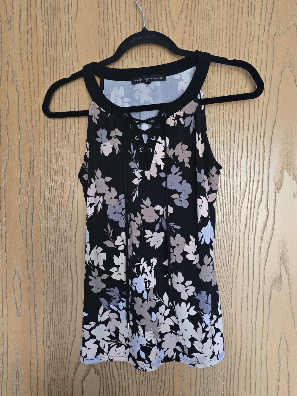 White House Black Market Black Floral Lace-Up Halter Tank